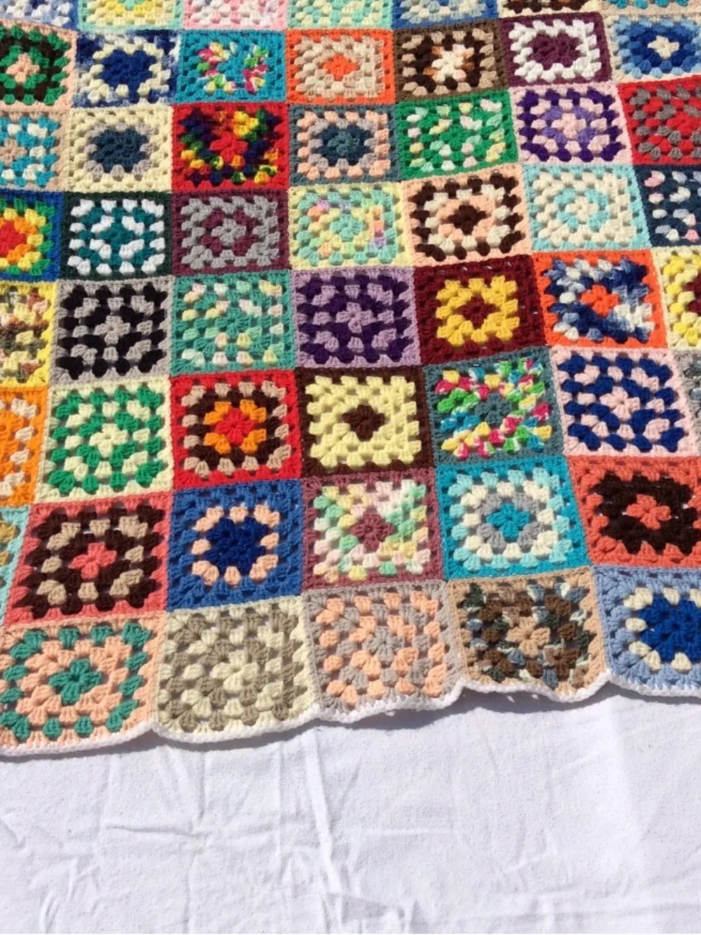 Vintage Handmade Colorful Crochet Granny Square Blanket